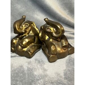 Vintage Elephant Bookends Brass Trunk UP Metal Pair Mid Century Decor 5in Heavy